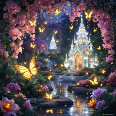 Primary subject: A beautiful butterfly garden with a palace in the background.

Setting/background: The garden is filled with flowers and butterflies, creating a serene and magical atmosphere. The palace is a majestic structure with a glowing light, adding a sense of wonder to the scene.

Visual style: The image is a digital artwork, showcasing the artist's creativity and attention to detail.

Colors and mood: The garden is predominantly pink,